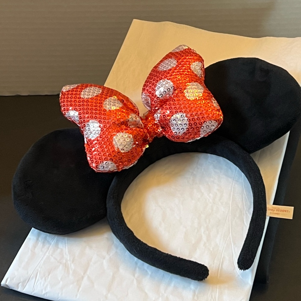 Disney Tokyo Resort Black Minnie Mouse Ears with Red Polka Dot Sequined Bow